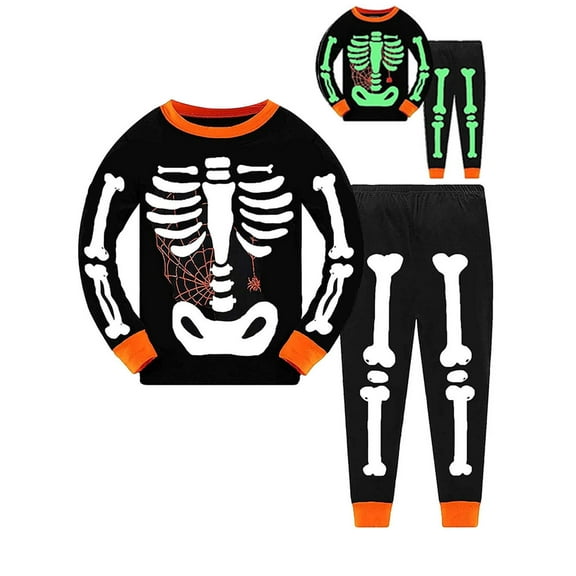 WIBACKER Toddler Kids Little Boy Girl 2pcs Snug Fit Glow-in-the-Dark Halloween Skeleton Pjs Cotton Long Sleeve Sleepwear
