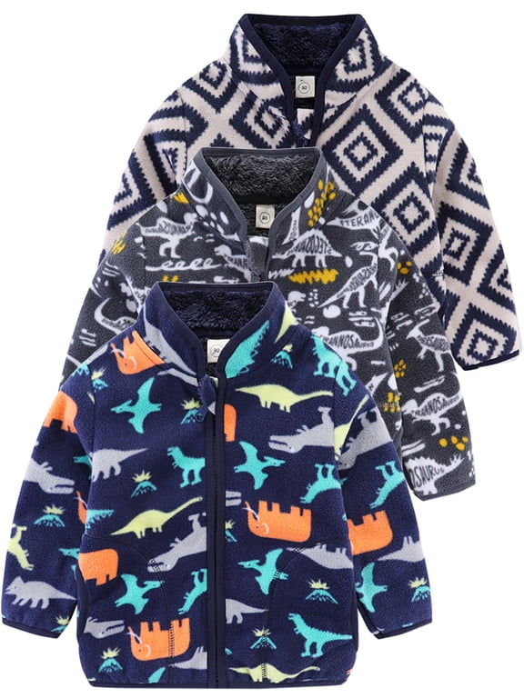Toddler Kids Polar Fleece Warm Jacket Baby Boys Autumn Winter Zip Coat Stand Collar Outerwear - 1Pcs Dinosaur