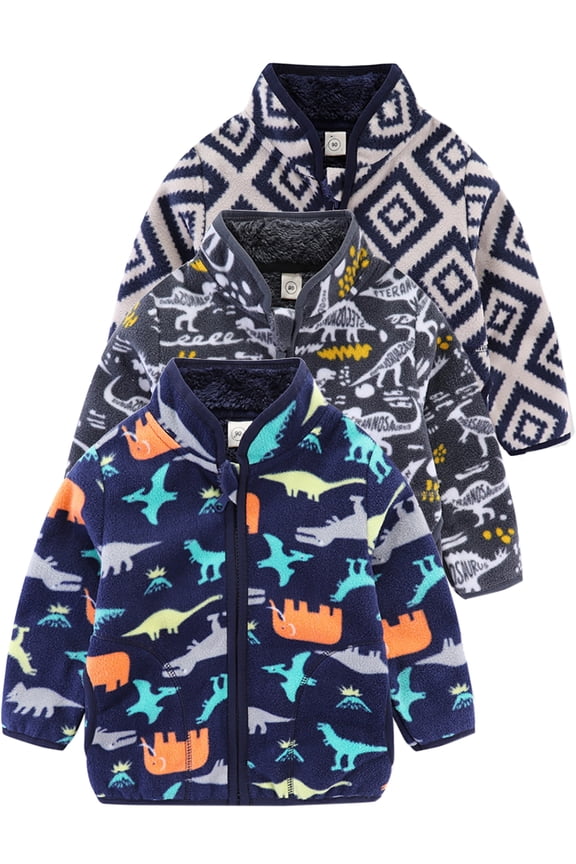 Toddler Kids Polar Fleece Warm Jacket Baby Boys Autumn Winter Zip Coat Stand Collar Outerwear - 1Pcs Dinosaur