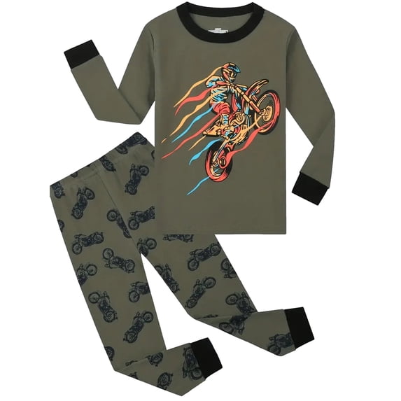 WIBACKER Toddler Little Boys Cotton Pajama Set Snug Fit Long Sleeve Tops & Sleep Pants Kids Motorcycle Sleepwear 7T