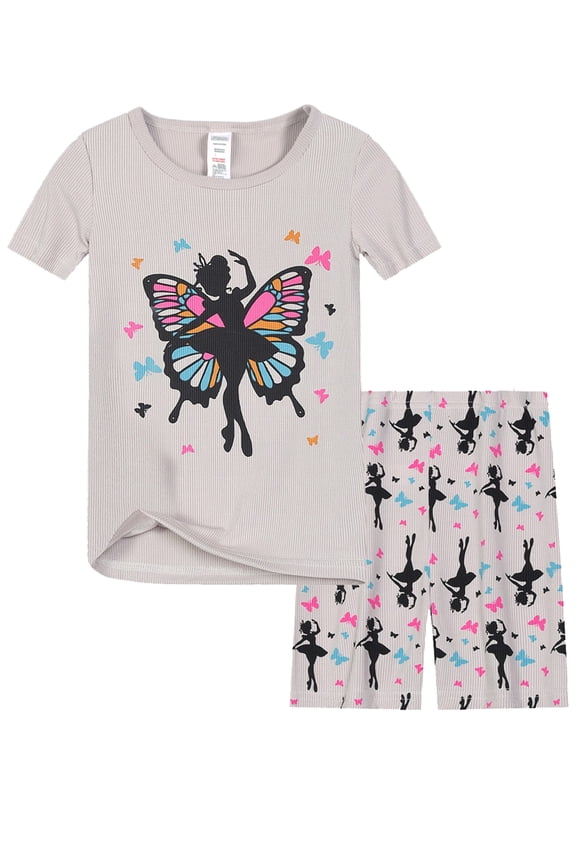 Toddler & Little Girls Viscose Pajamas Cute Butterfly Fairy Rib Knit Tee & Shorts PJ Spring Summer Set Kid Size 3-9 Years