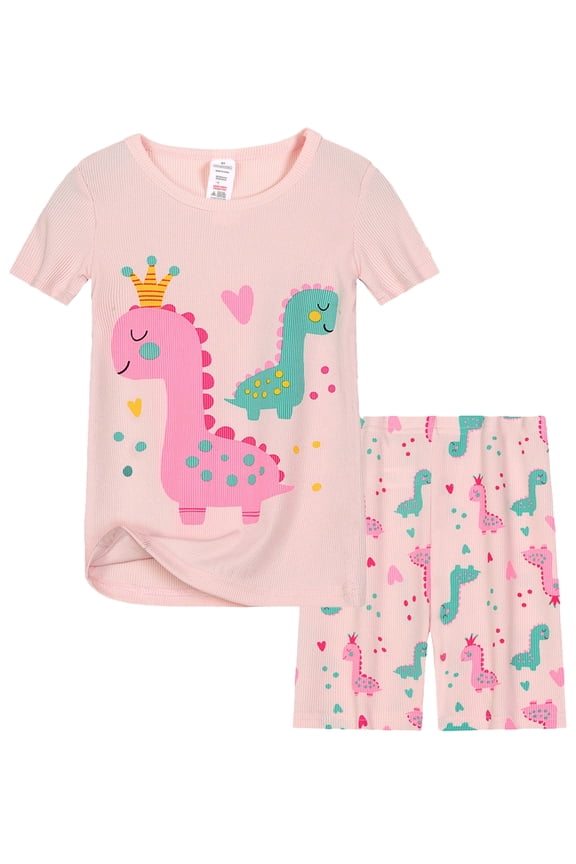 Toddler & Little Girls Viscose Pajamas Cute Dinosaur Rib Knit Tee & Shorts PJ Spring Summer Set Kid Size 3-9 Years