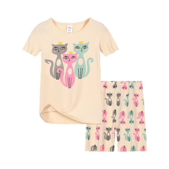 WIBACKER Toddler & Little Girls Viscose Pajamas Cute Kitty Rib Knit Tee & Shorts PJ Spring Summer Set Kid Size 3-9 Years