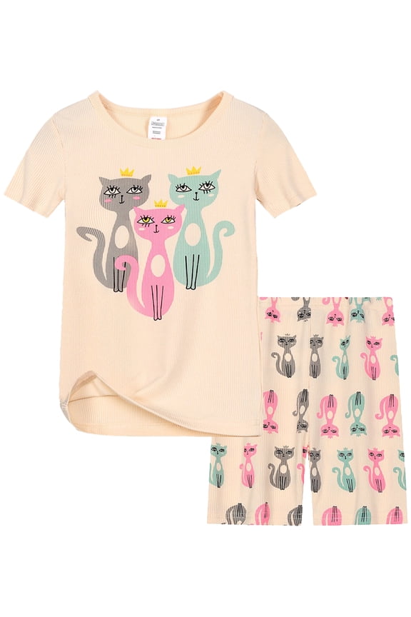 Toddler & Little Girls Viscose Pajamas Cute Kitty Rib Knit Tee & Shorts PJ Spring Summer Set Kid Size 3-9 Years