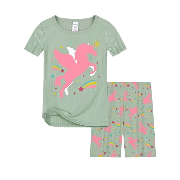 WIBACKER Toddler & Little Girls Viscose Pajamas Cute Unicorn Rib Knit Tee & Shorts PJ Spring Summer Set Kid Size 3-9 Years