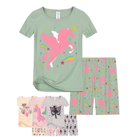 WIBACKER Toddler & Little Girls Viscose Pajamas Cute Unicorn Rib Knit Tee & Shorts PJ Spring Summer Set Kid Size 3-9 Years
