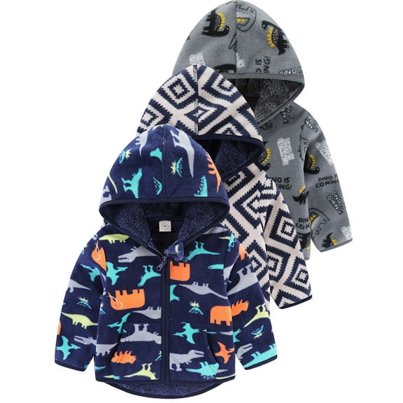 WIBACKER Little Boys Polar Fleece Jacket Hooded Kids Autumn Winter Long Sleeve Thick Warm Outerwear - 1 Piece Dinosaur
