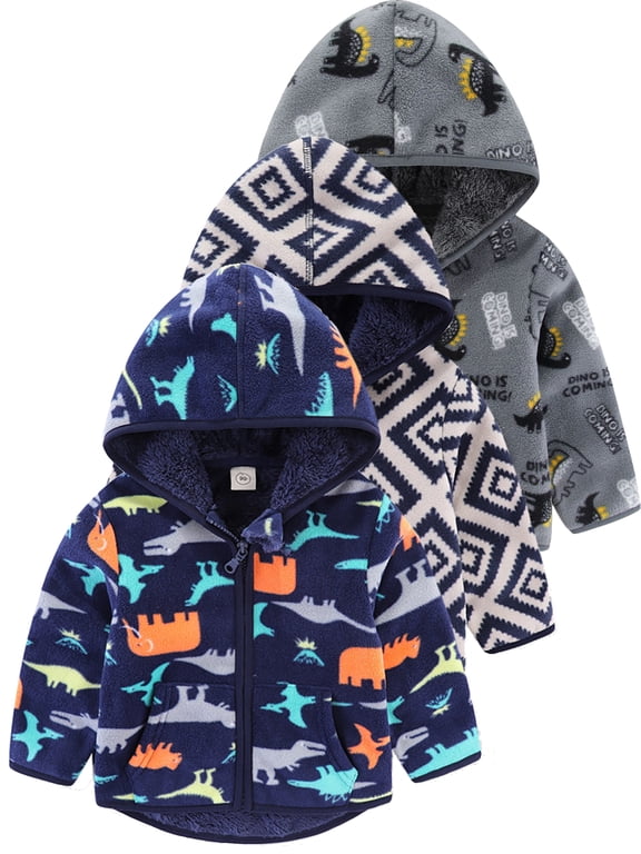 Little Boys Polar Fleece Jacket Hooded Kids Autumn Winter Long Sleeve Thick Warm Outerwear - 1 Piece Dinosaur