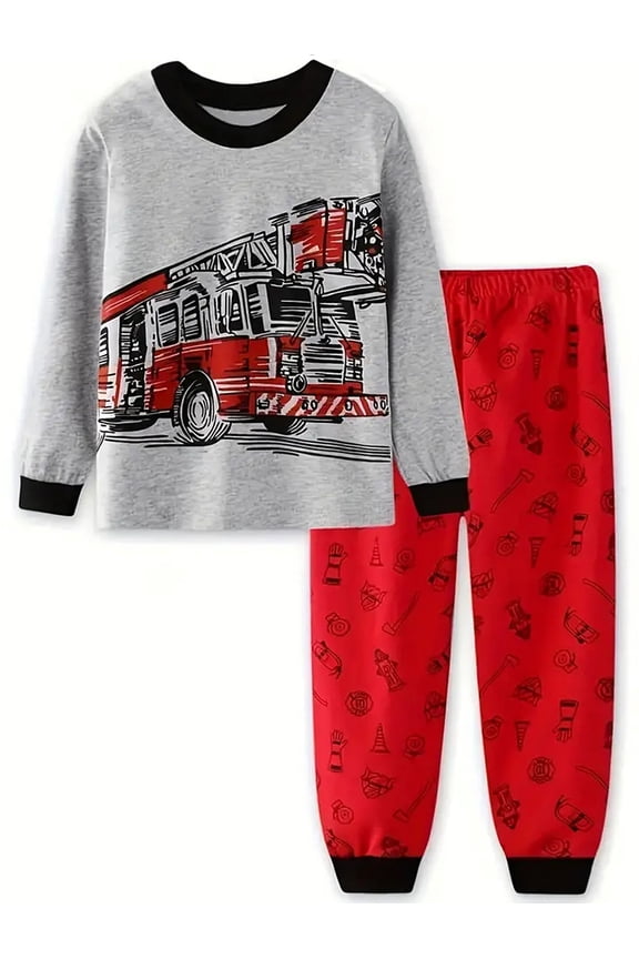 Toddler and Little Boys 2-Piece Cotton Pajamas Long Sleeve Fall Winter PJ Set Kid Fire Truck Sleepwear