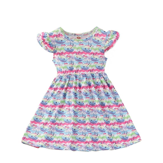 WIBACKER Toddler and Little Girl Cute Whale Skater Dress Ruffle Sleeve Priness A-line Sundress 1-6 Years