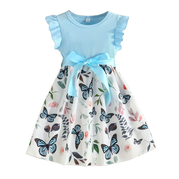 WIBACKER Toddler and Little Girls Ruffle Short Sleeve Dress Butterfly Kids Summer Sundress with Belt
