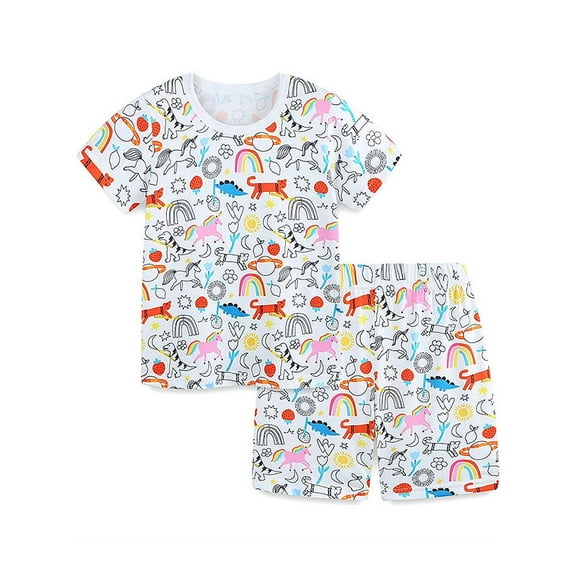 WIBACKER Two-Piece Pajamas for Girls Cute Animals Summer Short Sleeve PJ Set Kids Sleepwear 3-8T