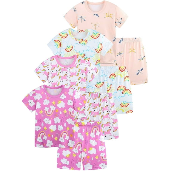 WIBACKER Two-Piece Pajamas for Girls Cute Rainbow Summer Short Sleeve PJ Set Kids Sleepwear 3-8T