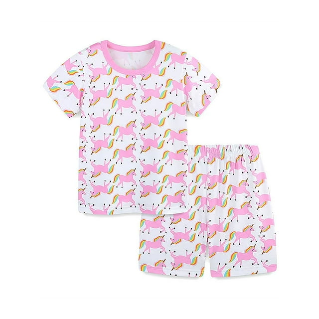 WIBACKER Two-Piece Pajamas for Girls Cute Unicorn Summer Short Sleeve PJ Set Kids Sleepwear 3-8T
