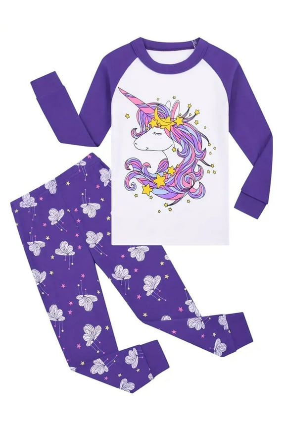 Unicorn 2 Pieces Long Sleeve Pajamas Set for Girls 100% Cotton Toddler Kids Sleepwear Fall Winter