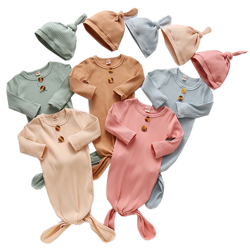 WIBACKER Unisex Newborn Baby Cotton Sleeper Gowns with Cap Long Knotted