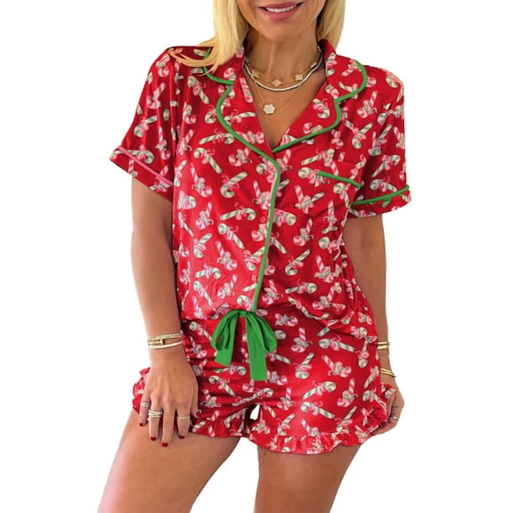 WIBACKER Womens Christmas Lounge Sets Candy Cane Print Pocketed Knotted PJ Set Short Sleeve Xmas Top and Shorts