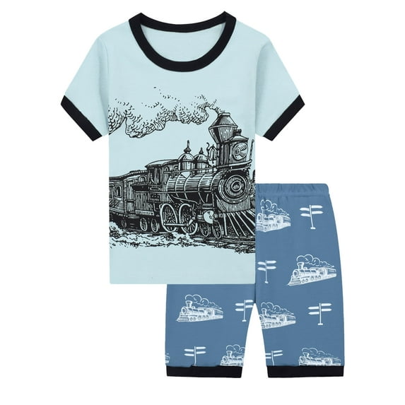 WIBACKER for Boy 2-Pieces Pajama Set Toddler Kids Short Sleeve Sleepwear Little Boys Cotton 100% Train Summer Pjs
