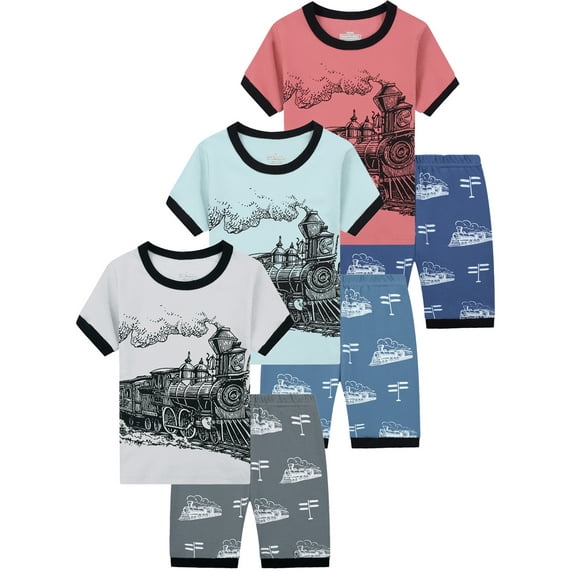 WIBACKER for Boy 2-Pieces Pajama Set Toddler Kids Short Sleeve Sleepwear Little Boys Cotton 100% Train Summer Pjs