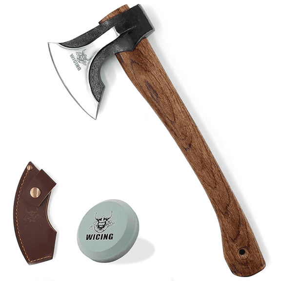 WICING 14.2" Camping Splitting Axe - 1065 High Manganese Steel Blade, Hickory Handle with Leather Sheath, Ideal for Chopping & Outdoor Use