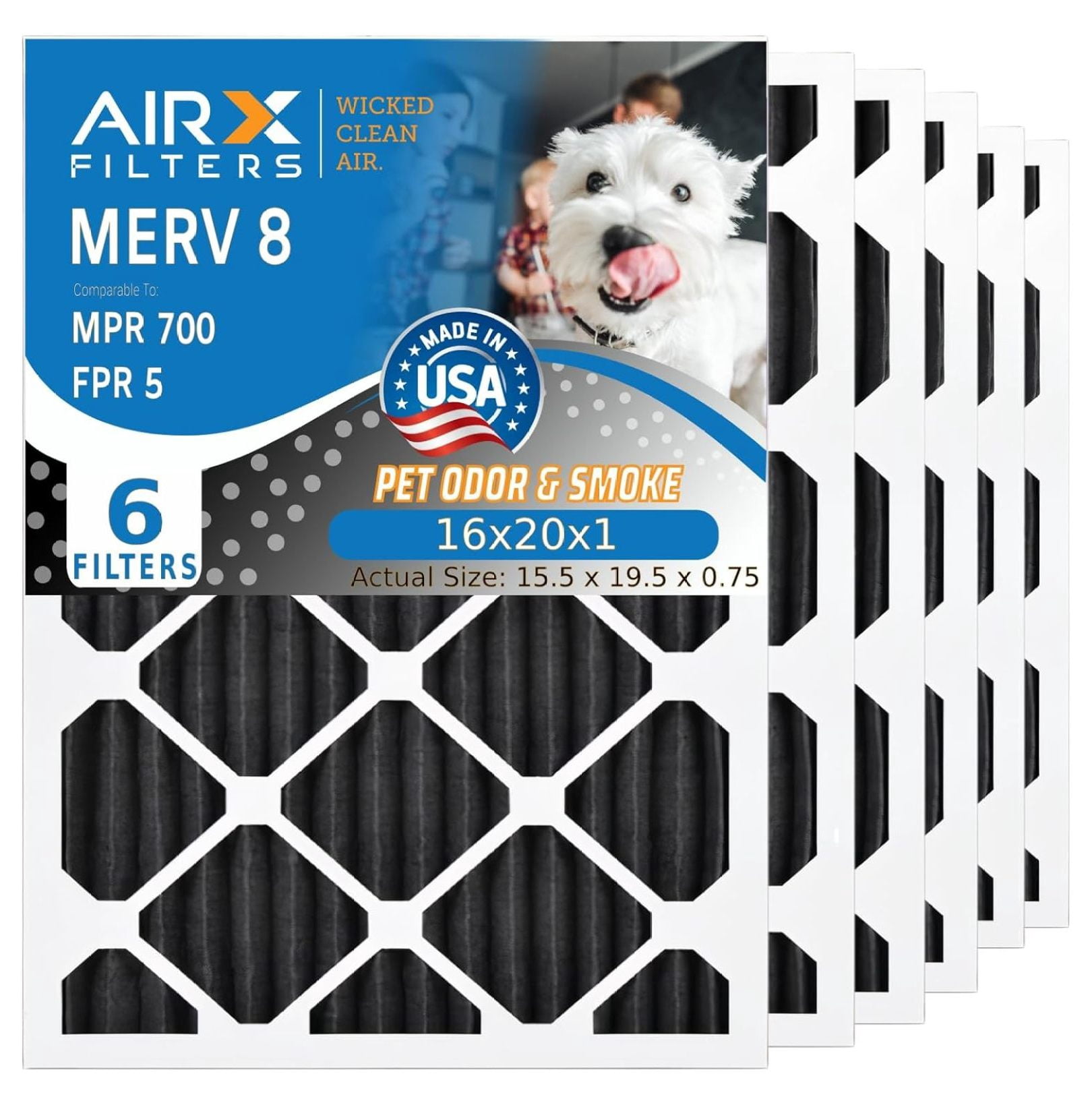 WICKED CLEAN AIR. 16x20x1 Air Filter Odor Carbon Filter MERV 8 HVAC Furnace Filters 6 Pack