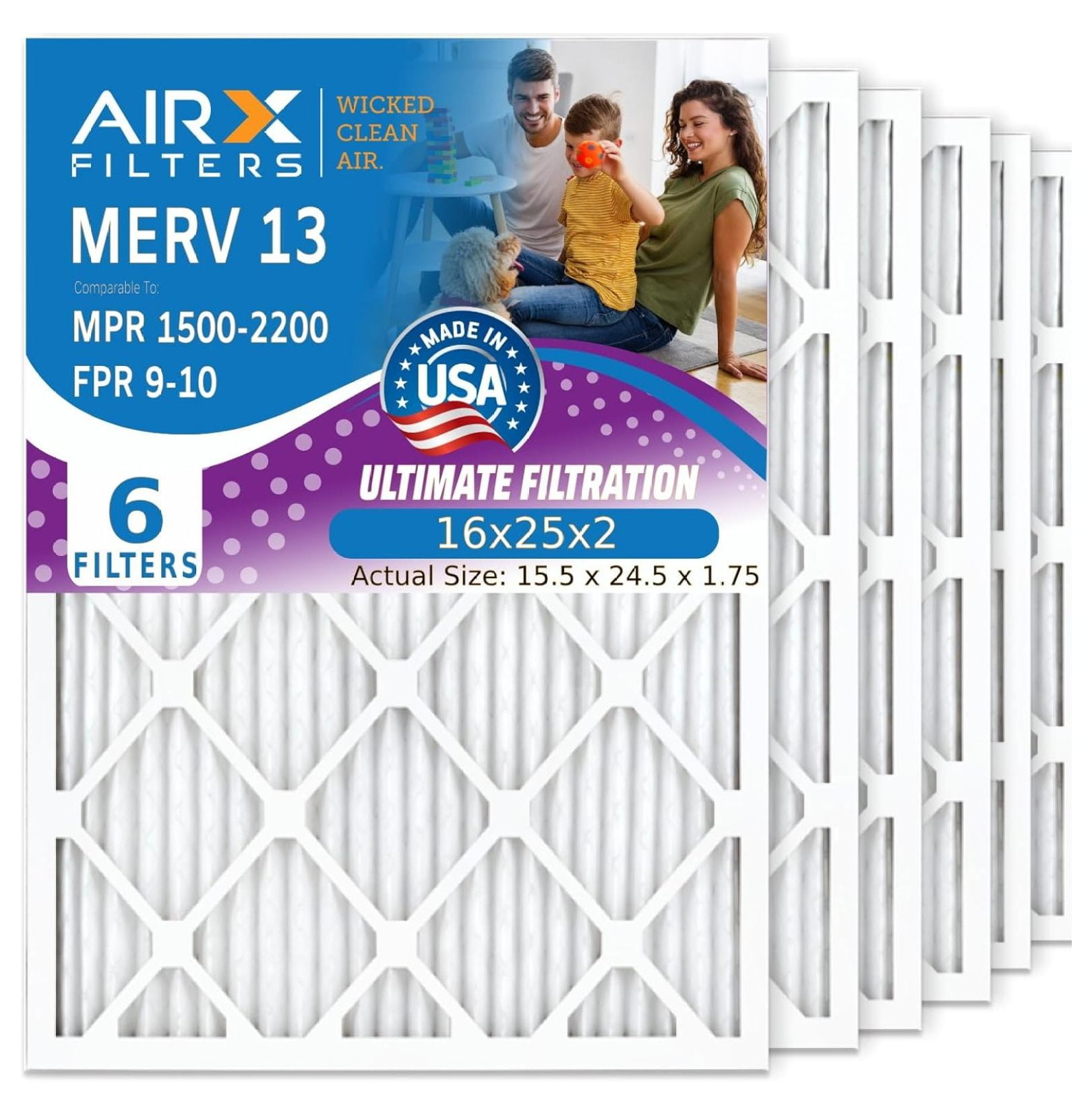 WICKED CLEAN AIR 16x25x2 MERV 13 Electrostatic Pleated Air Conditioner Filter Pack of 6 for HVAC Furnace