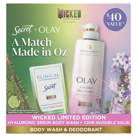 Wicked Enchanting Body Care Duo: Olay Limited Edition Couldn't Be Lovelier Serum Body Wash, 20 fl oz, Glinda's Edition & Secret Wickedly Wonderful, 2.6oz Clinical Invisible Solid Antiperspirant