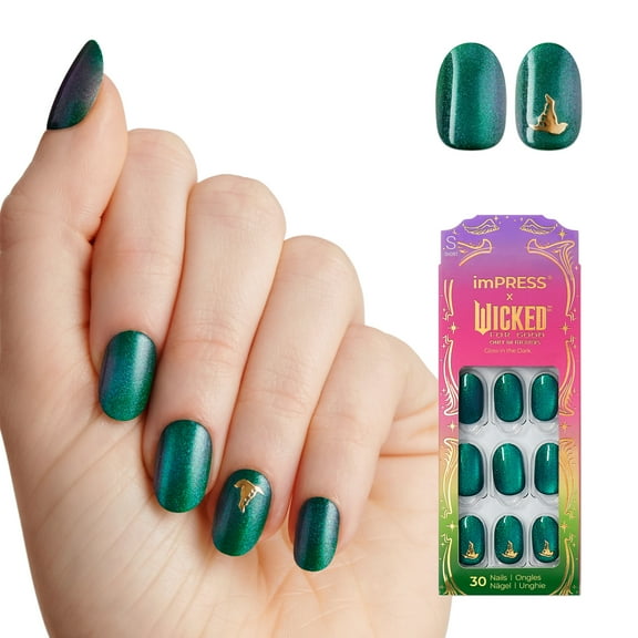imPRESS X WICKED: FOR GOOD Press On Nails, A Story of Two Halves, Green, Short Oval, 30 Fake Nails