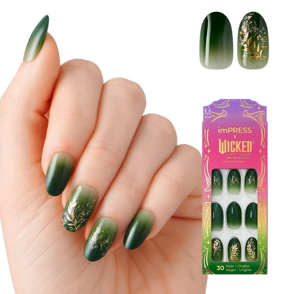 WICKED X imPRESS Press on Nails, Defy Expectations, Green, Medium Oval, 30 Count