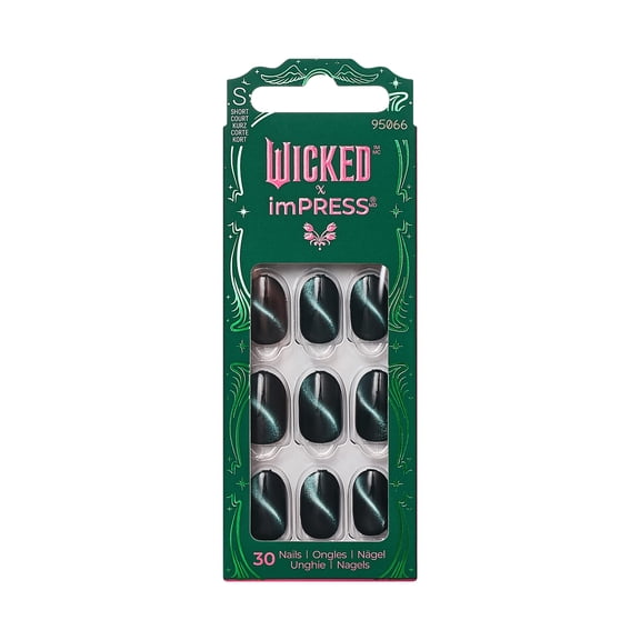 WICKED X Impress Press On Nails, Land of OZ, Green, Short Oval, 30 Fake Nails