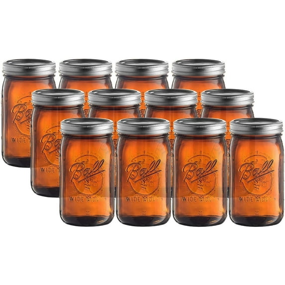 WIDE MOUTH Quart (32 oz.) Glass Food Preserving Pickling Canning Mason Jar with Lid and Band, Clear, 12-Count (Packaging May Vary) (Amber)