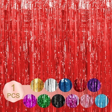 WIDEALIFF Fringe Curtain, Metallic Tinsel Streamers, 3.3x9.8ft, Red, Reusable Foil Backdrop
