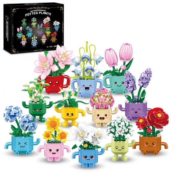 WIDELAND 12 Pack Anthropomorphic Flower Building Blocks Set - 1362 Pcs ...
