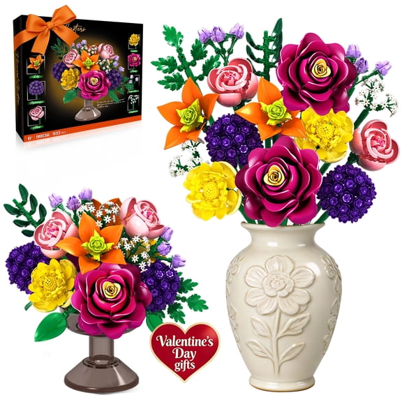 WIDELAND Flower Bouquet Building Set 933PCs, DIY Botanical Kit with Hydrangea, Brodiaea, Rose, Baby's Breath, Home Office Decor for Adults, Gift Ideas Valentine Birthday Mother's Day (No Vase)