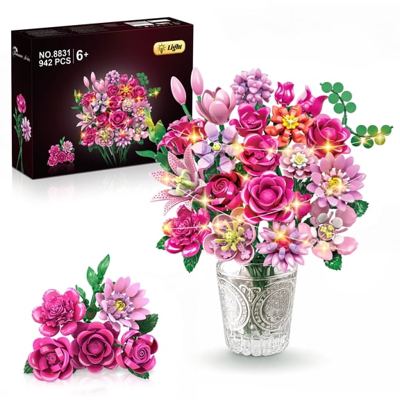 WIDELAND Flower Bouquet Building Set with LED Lights Compatible with Lego , 942 PCS Botanical Collection , Creative Pink Floral Arrangement Home Decor, Romantic Gift for Women, Mom, Girlfriend