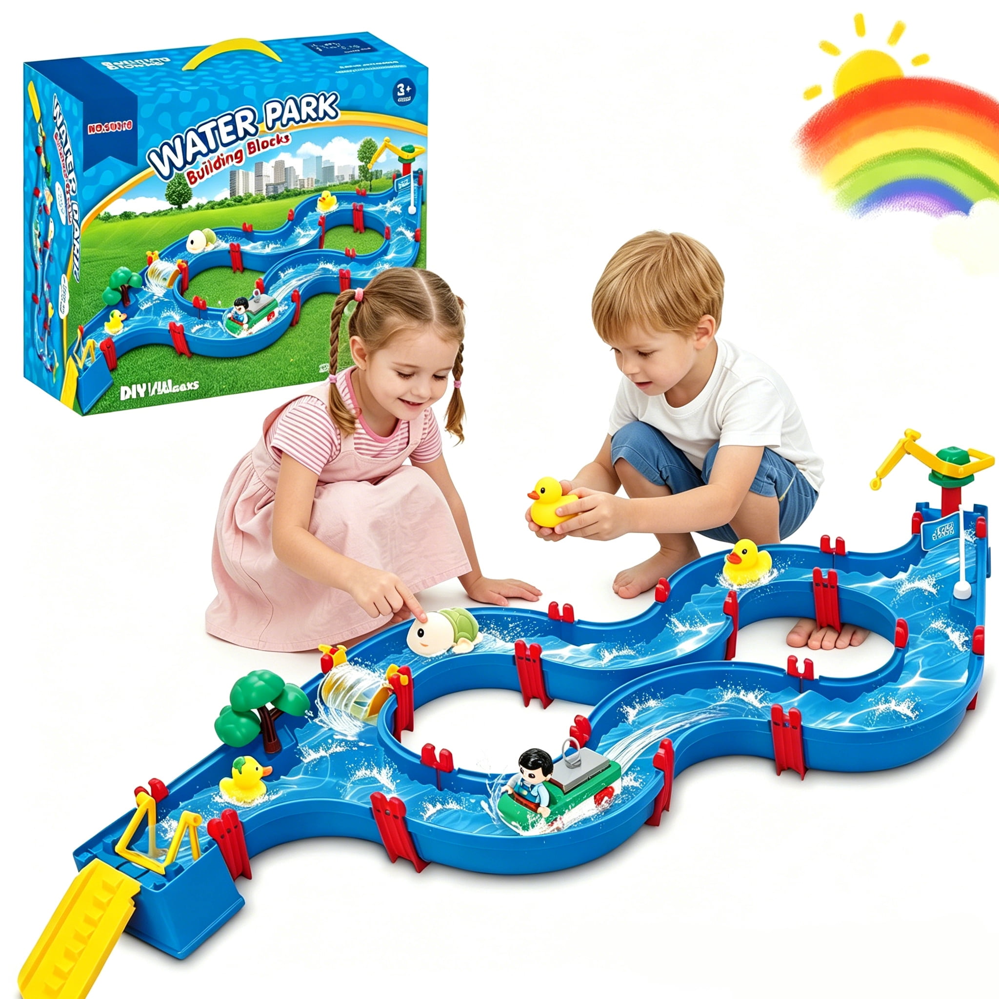 WIDELAND Water Table for Kids, 62PCS Construction Set with Blue Tracks, Floating Boats & Figures, Build Your Own Aqua Coaster Ages 3+, Summer Water Fun Gift