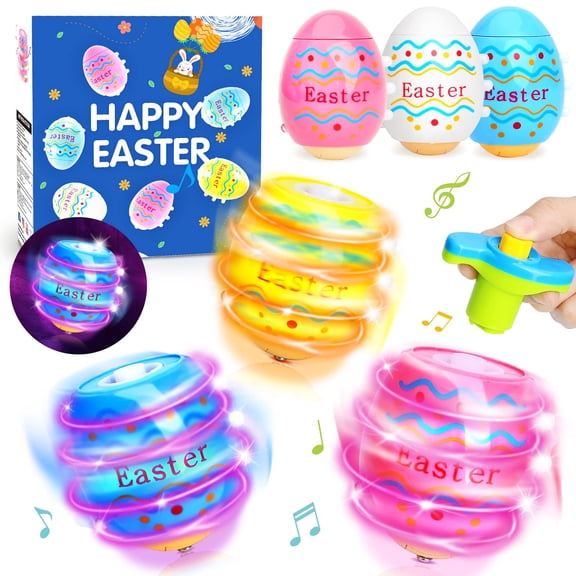 WIDELAND Light Up Musical Easter Egg Spinner Toys, Easter Basket Stuffers for Kids 3-12+, Happy Easter Party Favor Gifts