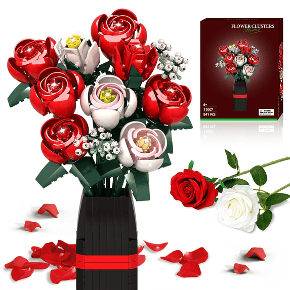 WIDELAND Roses Flowers Bouquet Building Set for Adults with Vase, 841PCS Red Rose Botanical Collection Compatible with Lego,Mother's Day Gifts for Her Women Wife Mom Girls Kids