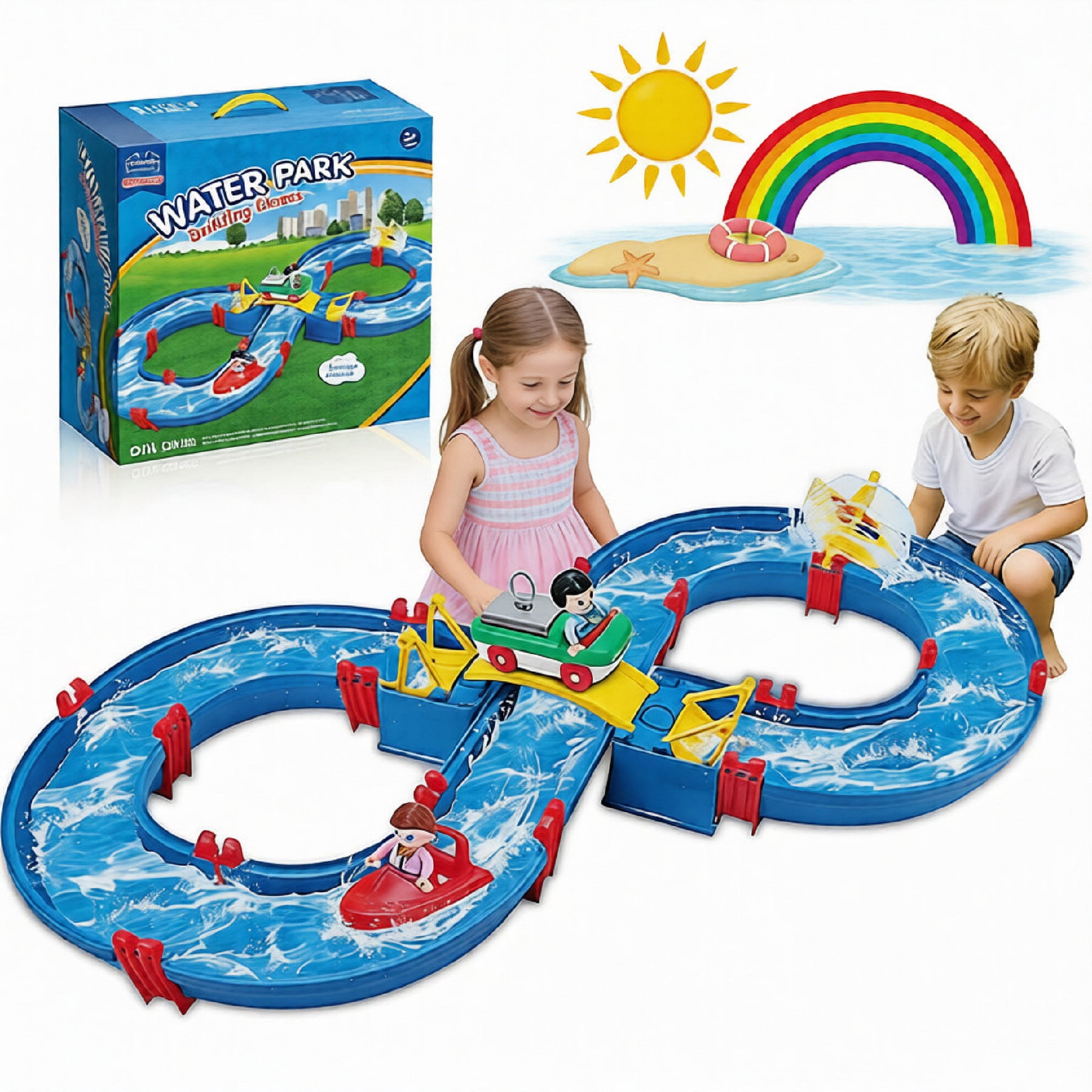 WIDELAND Water Table Toy, 50PCS DIY Track Playset with Blue Water Slides, Figures & Boats, Splash & Float Fun for Kids Ages 3+, Summer Outdoor Toy