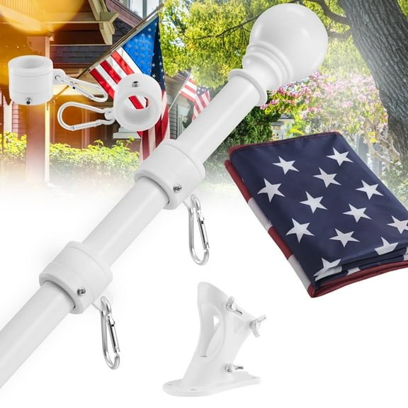Widyana Metal Flag Pole 5Ft, Include a 3x5Ft US Flag, a Holder, Two No-Tangle Rings, 1 Set, White