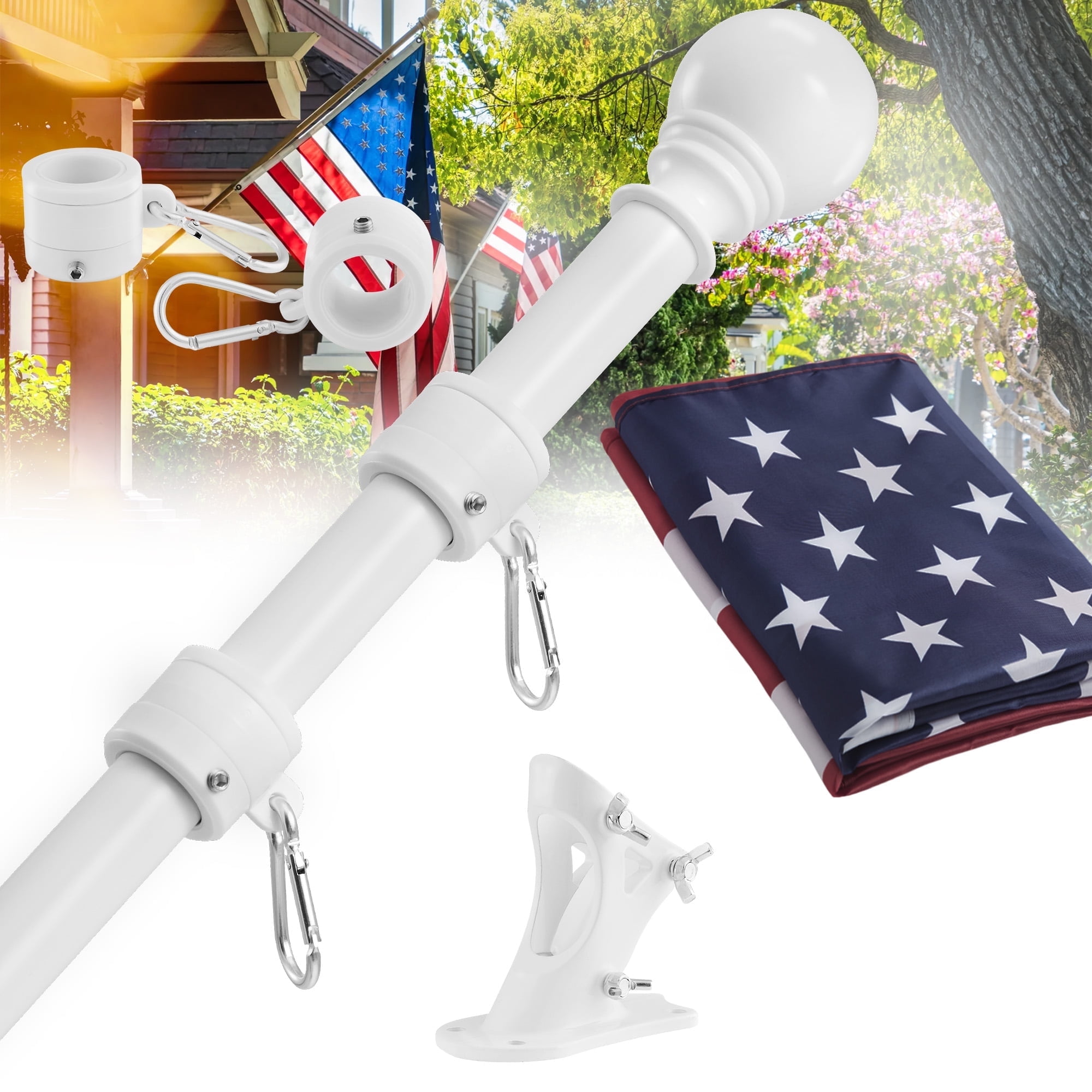 Widyana Metal Flag Pole 6Ft, Include a 3x5Ft US Flag, a Holder, Two No-Tangle Rings, 1 Set, White