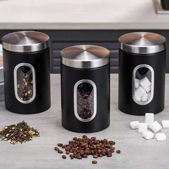 WIERPOP 3 Pieces Elegant Modern Chromes Kitchen Canister with Clear Window for Storing Coffee and Sweeteners Daily Casual Use