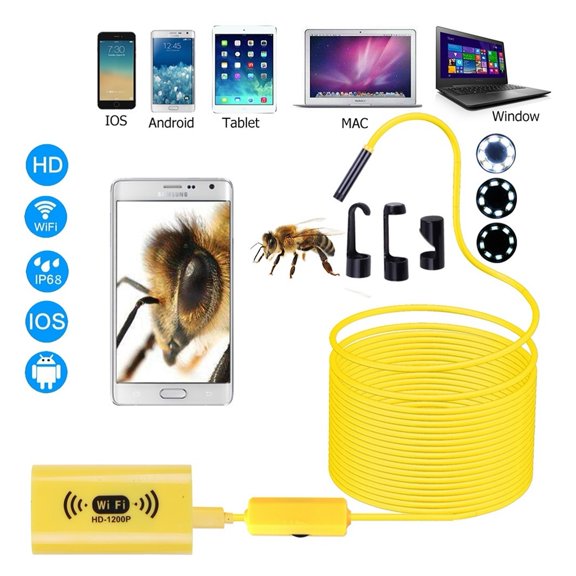 WIFI Endoscope HD1200P 8MM lens Endoscopy Camera Waterproof Inspection Borescope 1m/2m/5m/10m Soft/Hard for smart phone yellow ,Various Applicable