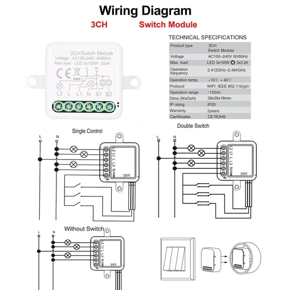 WIFI Module Module 3CH Zigbee Mini Smart Switch Relay Module Support 2 Way Control Switch for Smart Home Automation, Works with Home