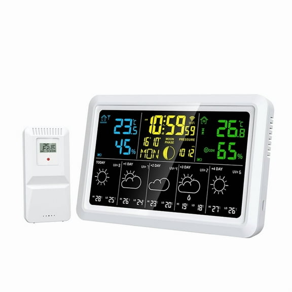 WIFI Multifunction Tuya Weather Station Air Quality Temperature Humidity Meter Moon Phase Air Pressure Weather Clock(US),1 * host 1 * transmitter 1 * adapter,White