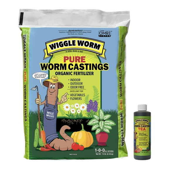 WIGGLE WORM Soil Builder Earthworm Castings Organic Fertilizer (15 lb) and WIGGLE WORM Castings Tea (8 Oz)
