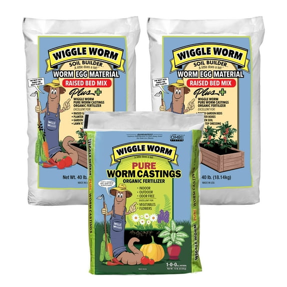 Wiggle Worm Combo Package - 15lbs Pure Earthworm Castings Organic Fertilizer and 80lbs Worm Egg Material Raised Bed Mix Plus for Indoor/Outdoor Gardening