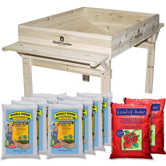 WIGGLE WORM Soil Builder Organic Worm Castings Fertilizer Soil and Coast of Maine Tomato Vegetable Garden Soil Como Pack, 360 Pounds of Soil and 1 Wooden Raised Garden Bed Planter