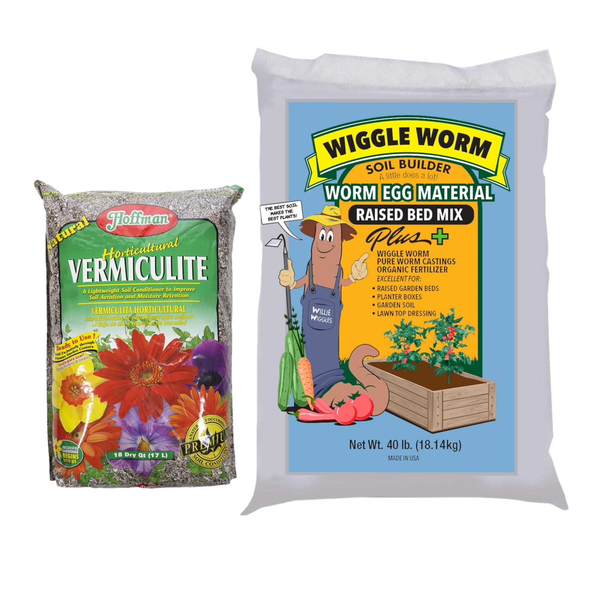 WIGGLE WORM Soil Builder Worm Egg Material Raised Bed Mix and Hoffman Soils Horticultural Vermiculite, For Gardening/Planting, 18 Quart Bag and 40 Pound Bag