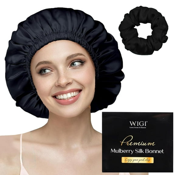 WIGI 100% Mulberry Silk Bonnet with Scrunchie Gift for Women, Silk Bonnet for Sleeping, Shower Cap Hair Bonnet, Silk Hair Wrap for Hair Care (100% Mulberry Silk (Round design), Black)